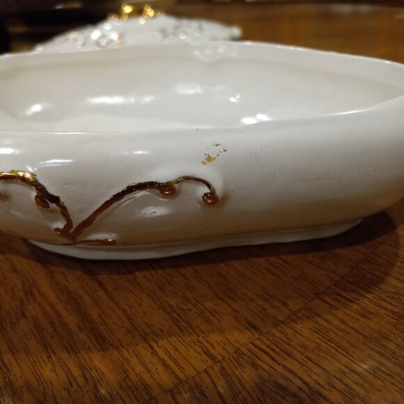 Vintage Oval White Gold Covered Bowl Lidded Candy Trinket Dish Ceramic Pottery - Picture 10 of 16